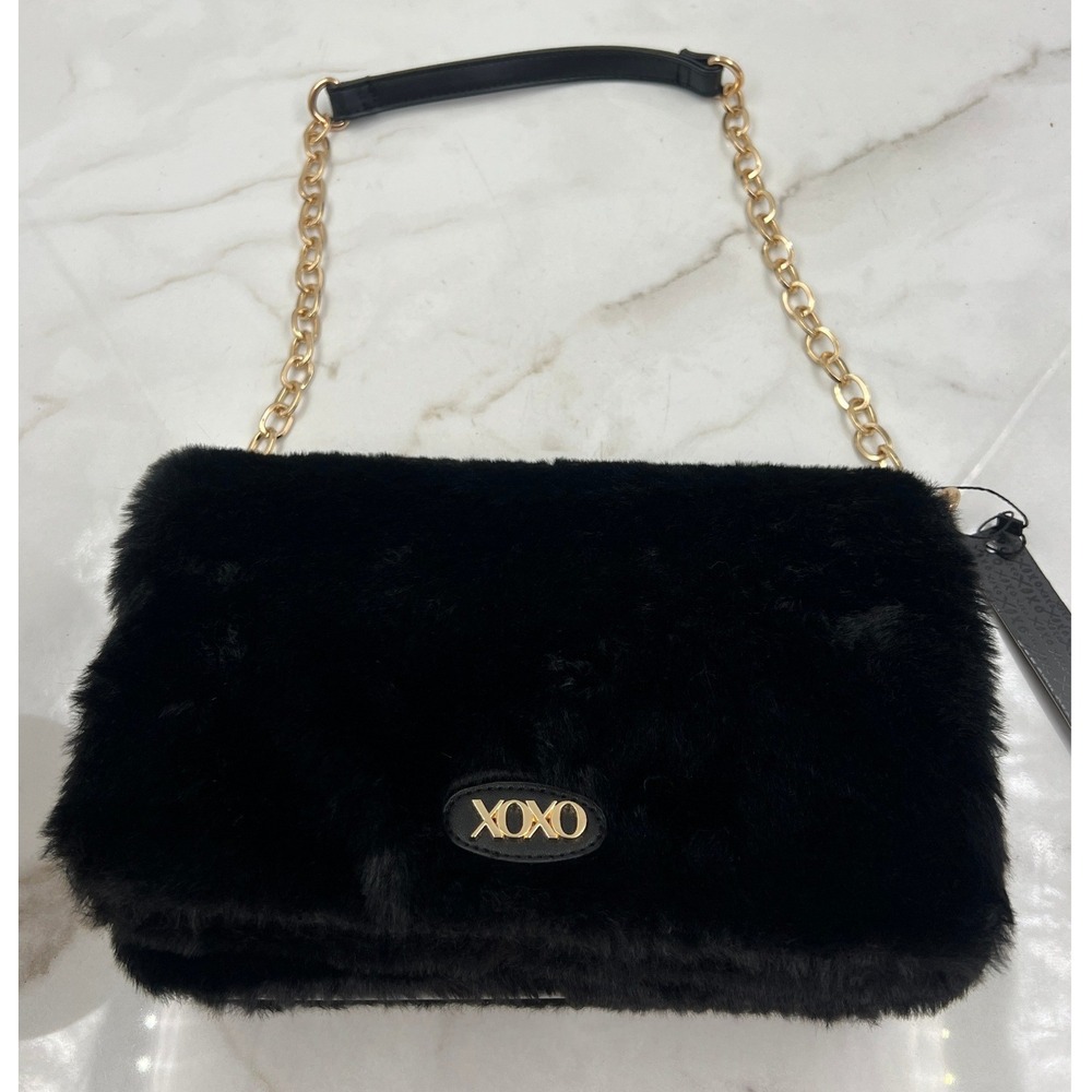 XOXO Black Faux Fur Shoulder Bag Gold Chain Strap Vegan Leather Trim New